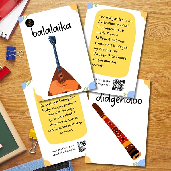 Musical Instruments Flashcards for Kids – Set of 20 Interactive Cards with QR Codes