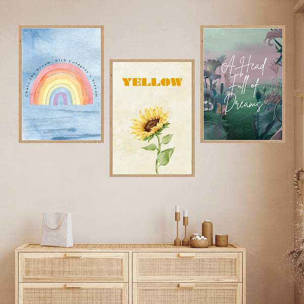 Coldplay-Inspired Wall Art – ‘Chase the Dream,’ ‘Yellow,’ & ‘A Head Full of Dreams’ - Set of 3
