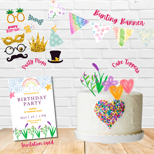 Rainbow Doodle Garden Party – Printable Birthday Decor Kit