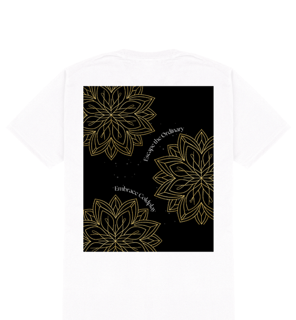 Men’s Standard Crew T-Shirt – Escape the Ordinary, Embrace Coldplay Golden Geometric Flowers with Starry Constellation Design