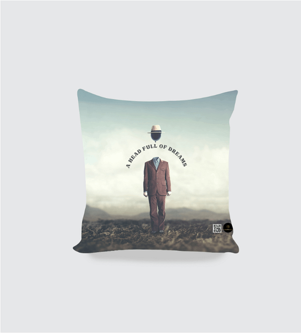 AOP Cushion Cover (16x16) – A Head Full of Dreams | Surreal Floating Head Design
