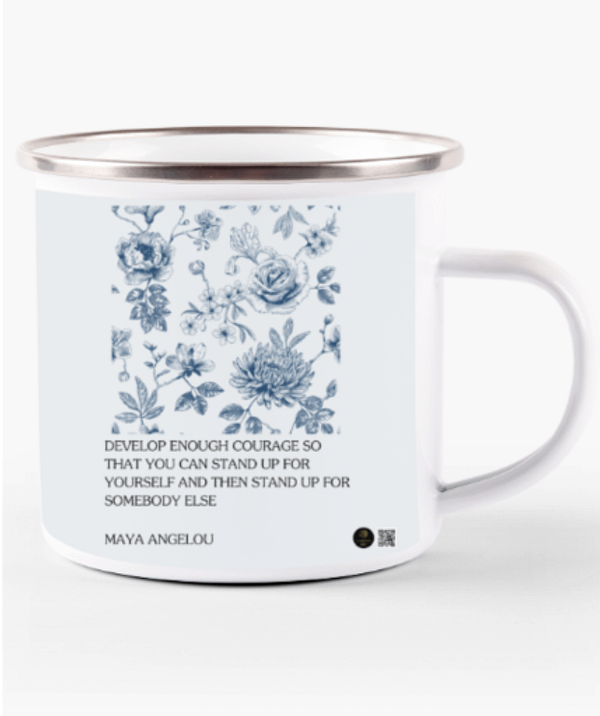 11oz White Enamel Mug – "Strength in Courage" Inspirational Floral Design