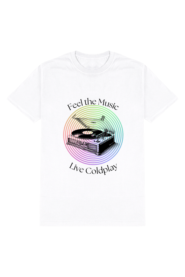 Male Standard Crew T-Shirt – Feel the Music, Live Coldplay Vintage Record Design