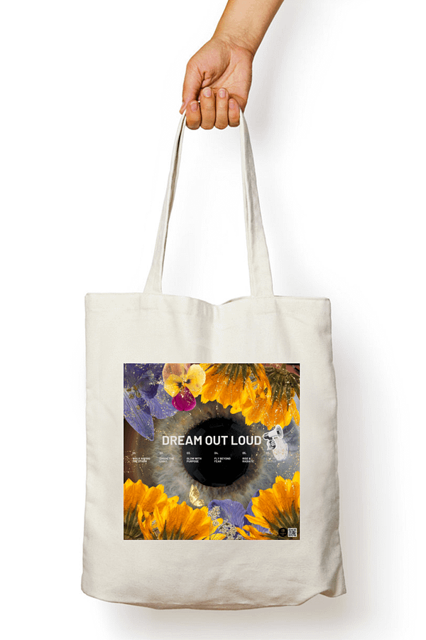 "Dream Out Loud" – Coldplay-Inspired White Tote Bag | Quantum Dot Gold Collection