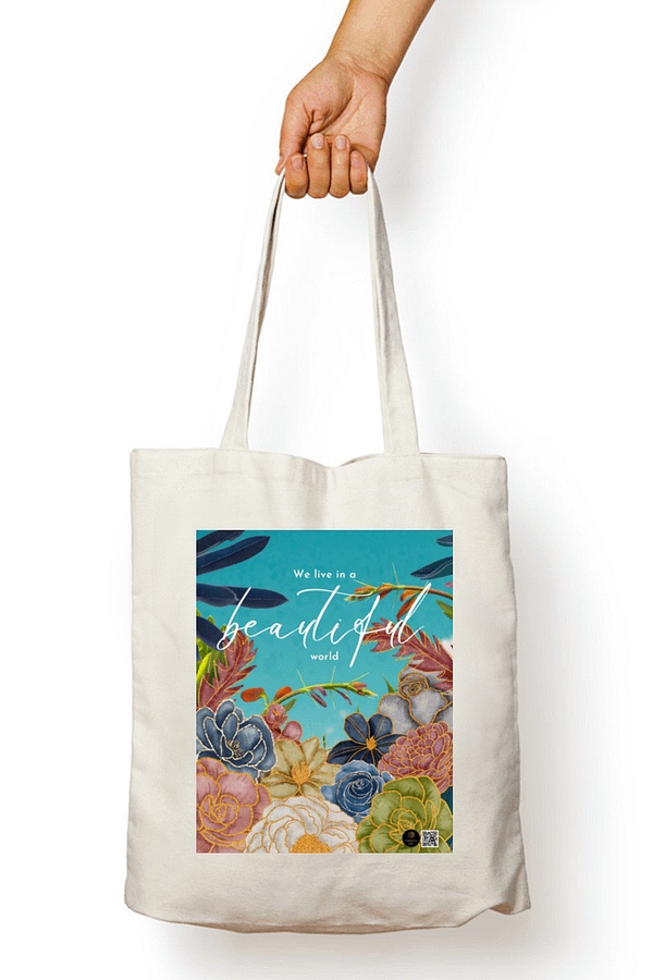 "Beautiful World" – Coldplay-Inspired White Tote Bag | Quantum Dot Gold Collection