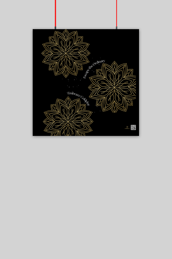 Poster (10x10) – Escape the Ordinary, Embrace Coldplay Golden Geometric Flowers with Starry Constellation Design