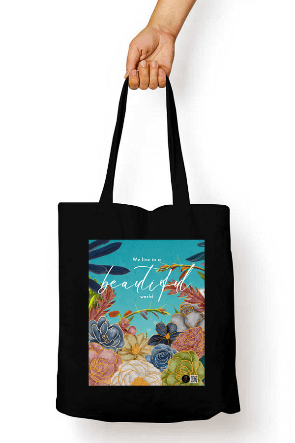 "Beautiful World" – Coldplay-Inspired Black Tote Bag | Quantum Dot Gold Collection
