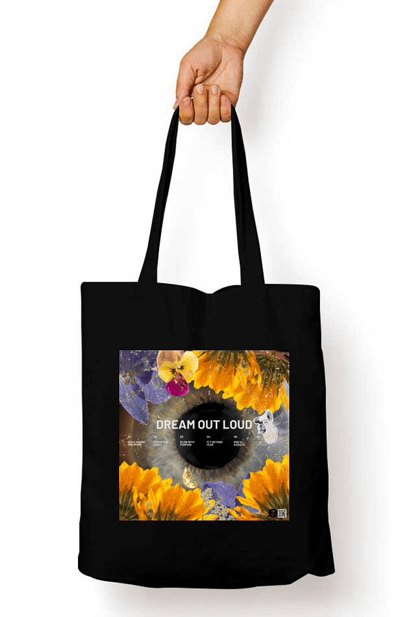 "Dream Out Loud" – Coldplay-Inspired Black Tote Bag | Quantum Dot Gold Collection