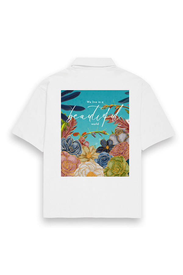"Beautiful World" – Coldplay-Inspired Unisex Oversized White Shirt | Quantum Dot Gold Collection