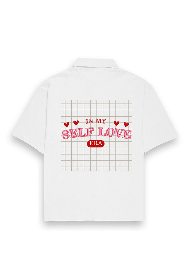 Unisex Oversized Shirt - "In My Self Love Era" with Checkered Background (White, Sizes S-3XL)