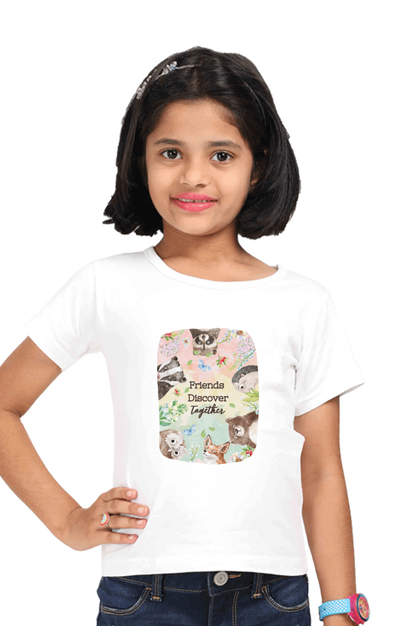 Friends Discover Together Girls' T-Shirt | Cute Woodland Animal Print | Adventure & Nature Tee